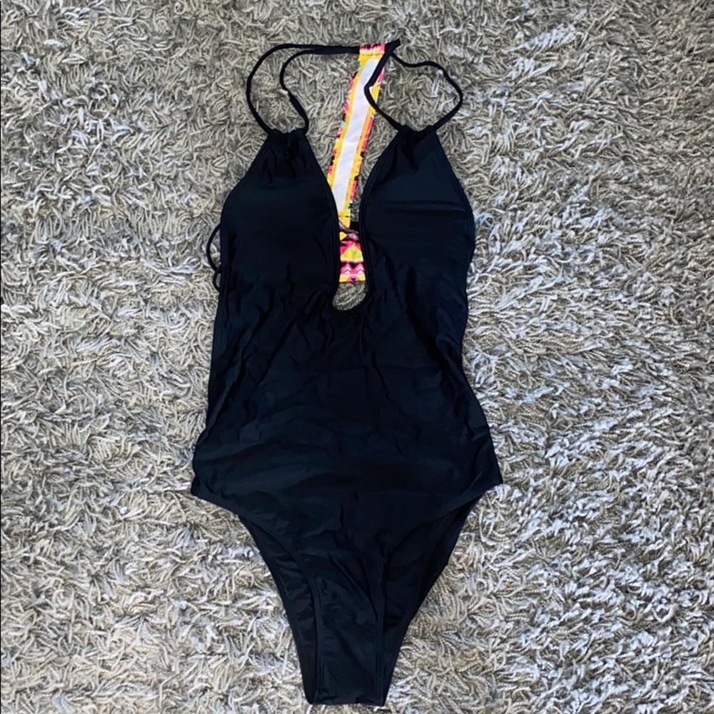 Once piece, open back, black bathing suit